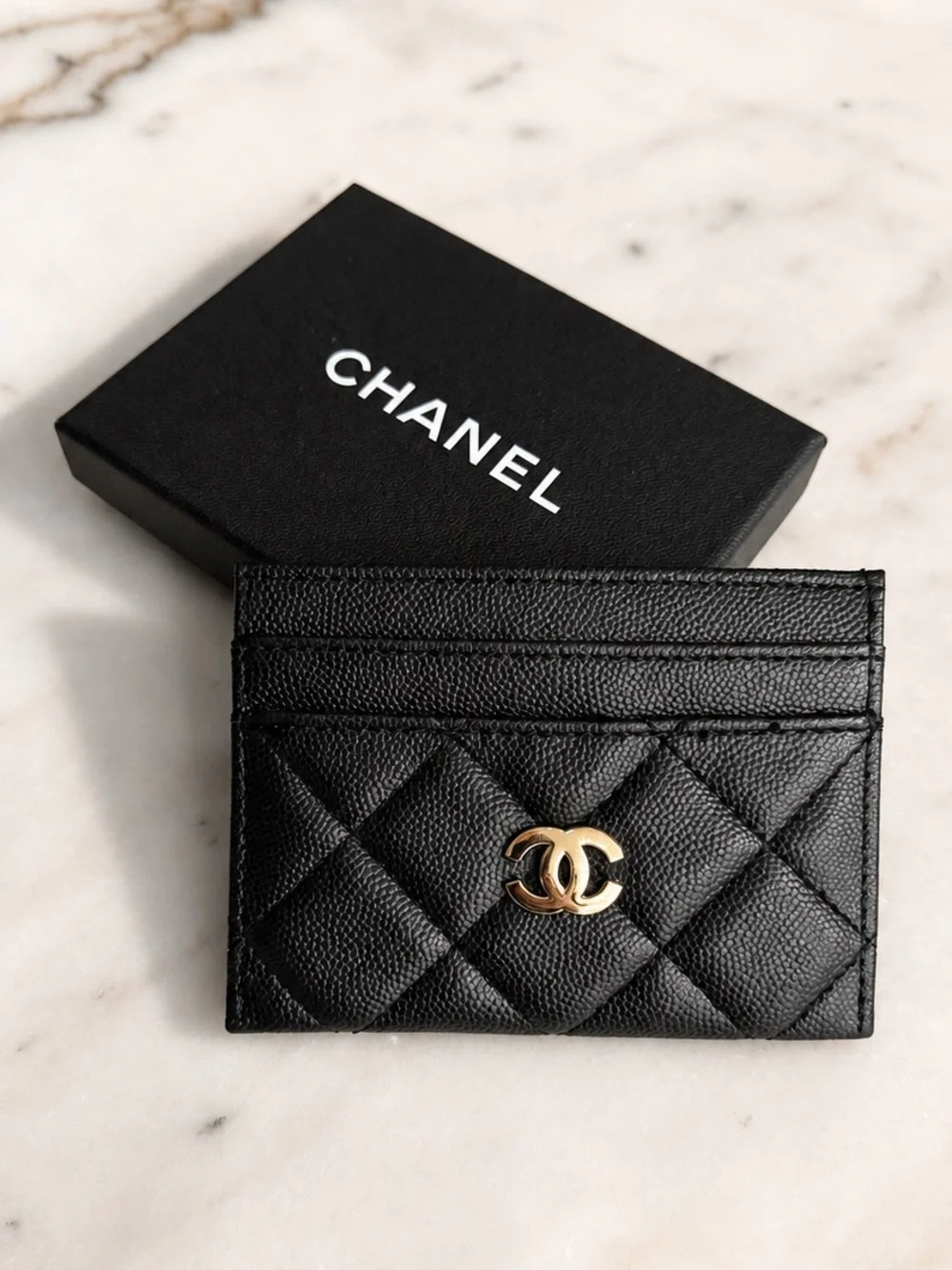 Black Quilted Caviar Leather Card Holder with Gold CC Hardware